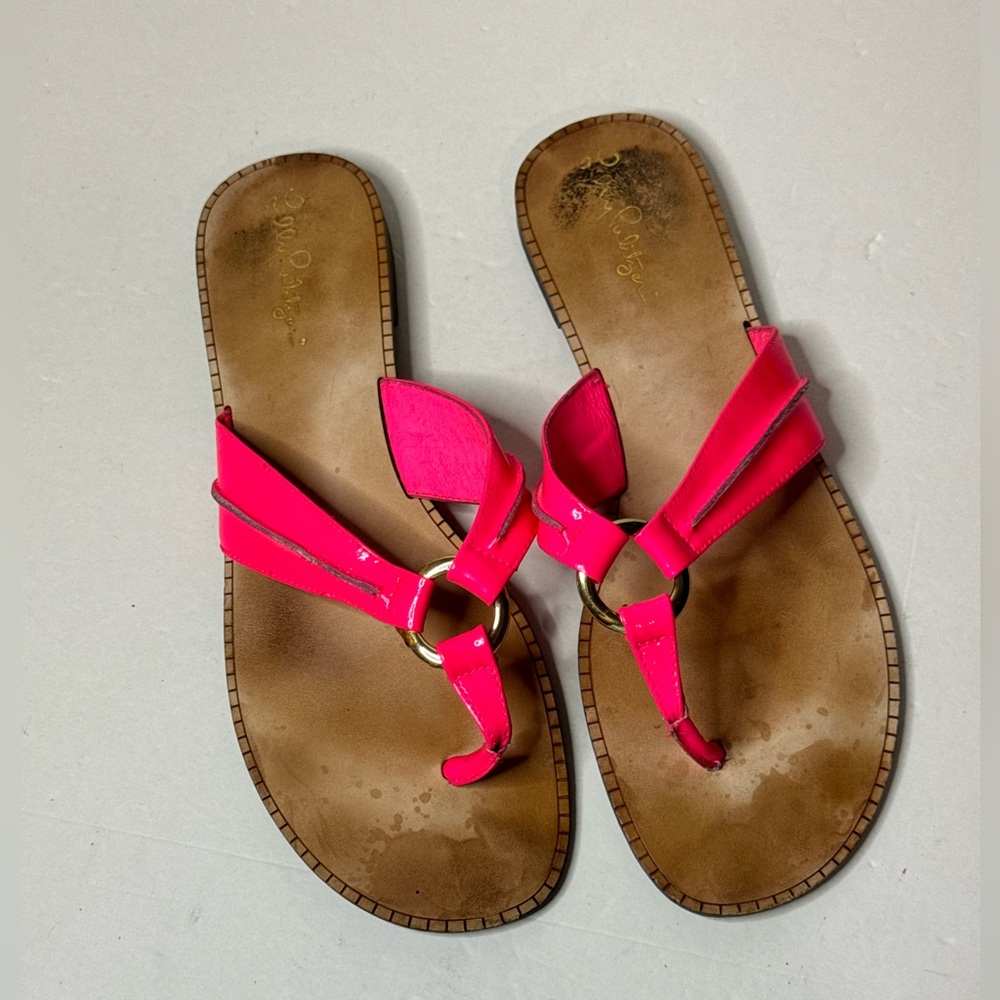 Lilly Pulitzer Neon Pink Leather Thong Sandals Size 10M - Picture 1 of 5